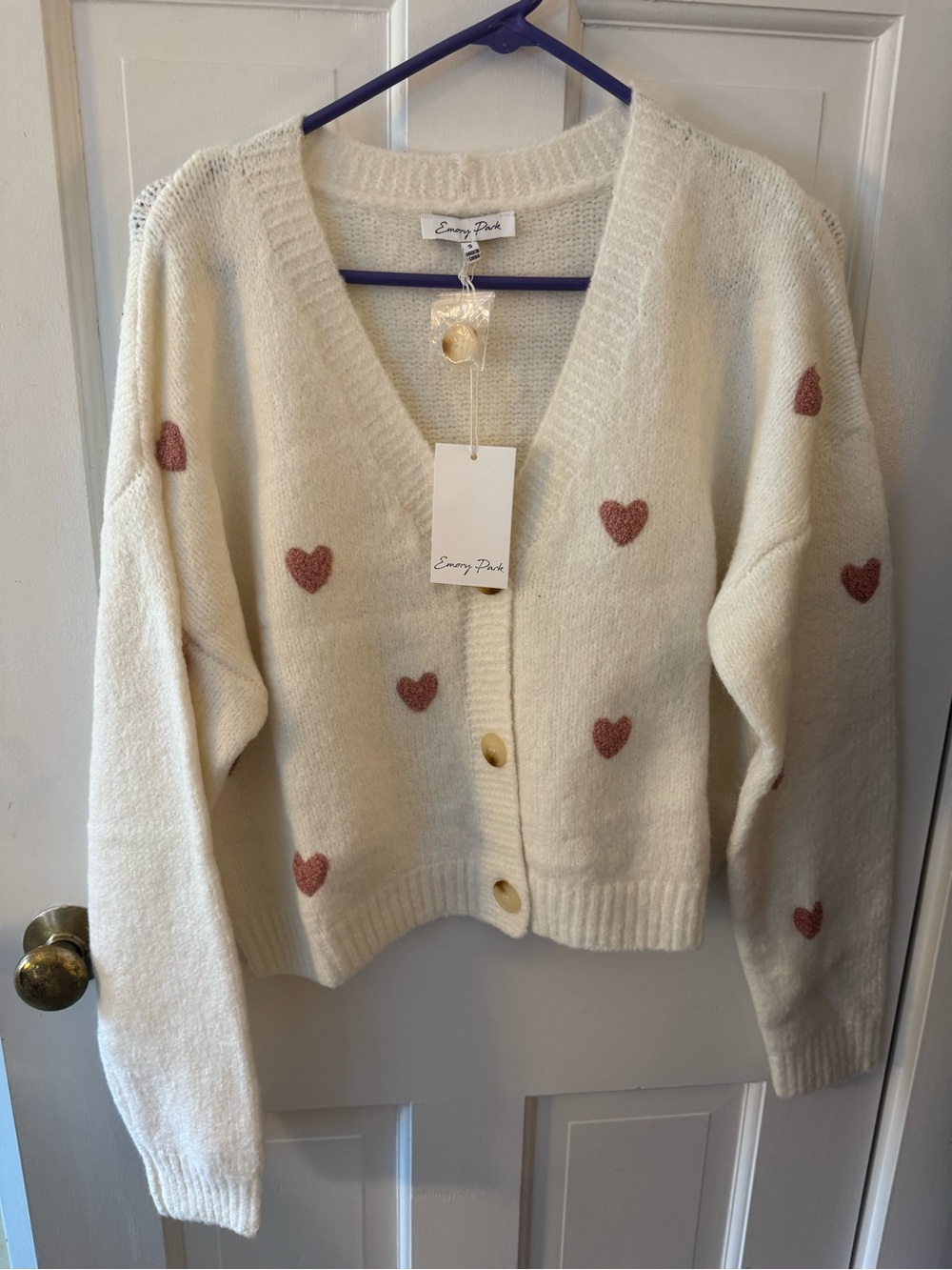 emory park Cream Cardigan with Pink Heart Accents